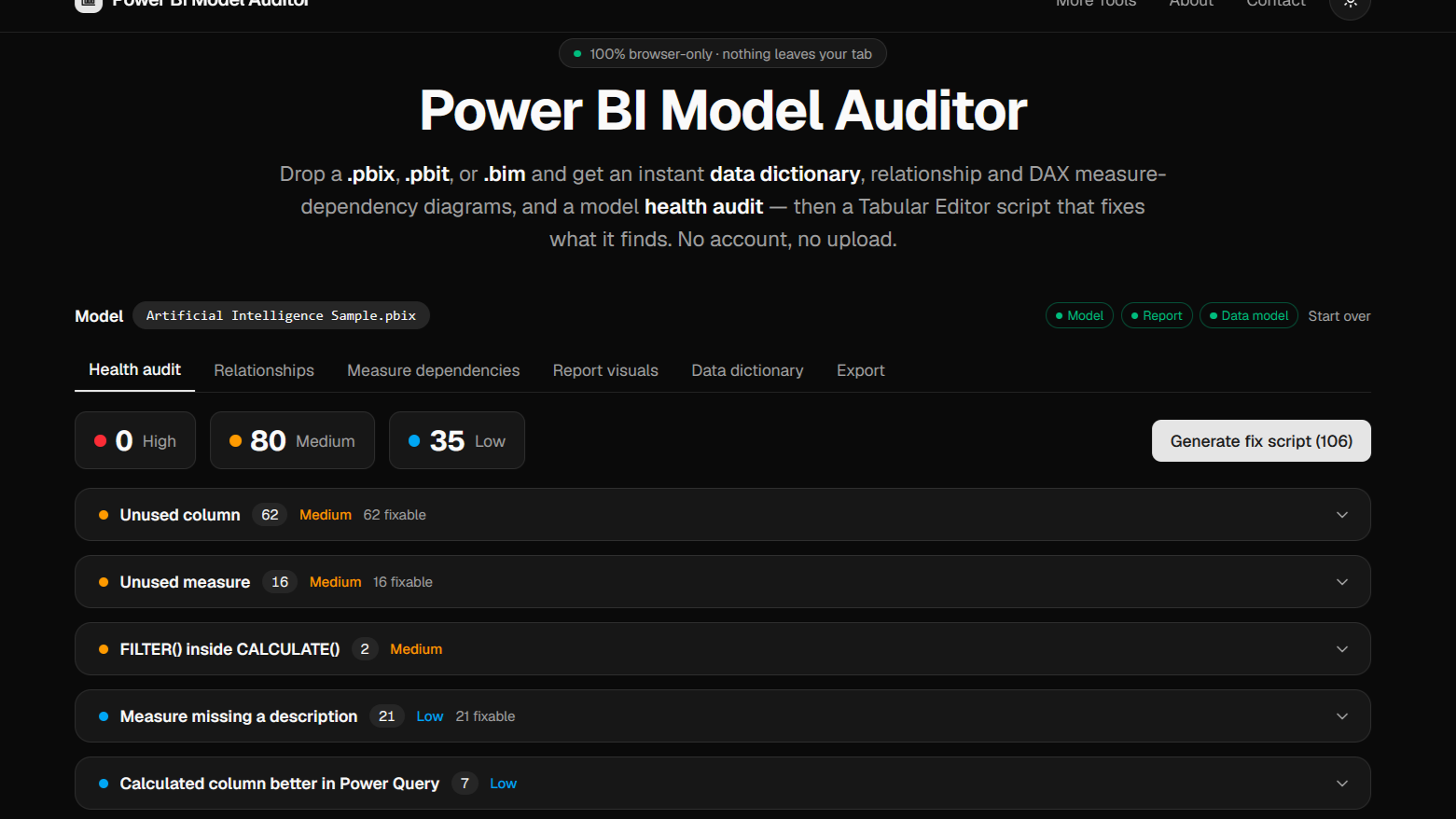 Power BI model documenter and health auditor